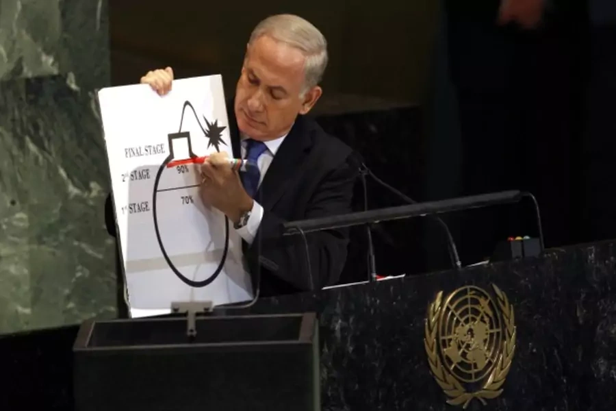 Israeli prime minister Benjamin Netanyahu draws a red line as he addresses the sixty-seventh UN General Assembly in New York (Keith Bedford/Courtesy Reuters).