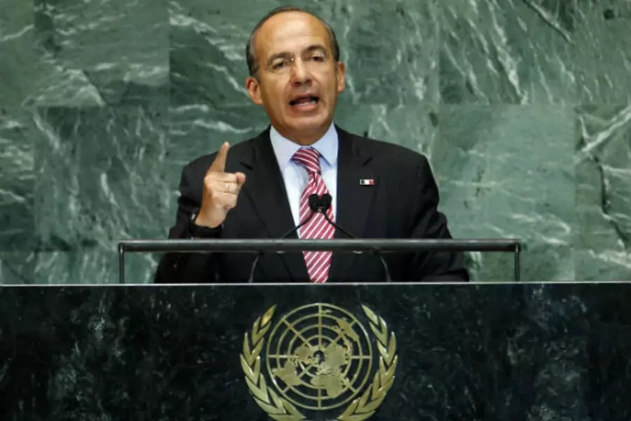 Mexico's President Felipe Calderon addresses the 67th United Nations General Assembly at U.N. headquarters in New York on September 26, 2012 (Mike Segar/Courtesy Reuters).