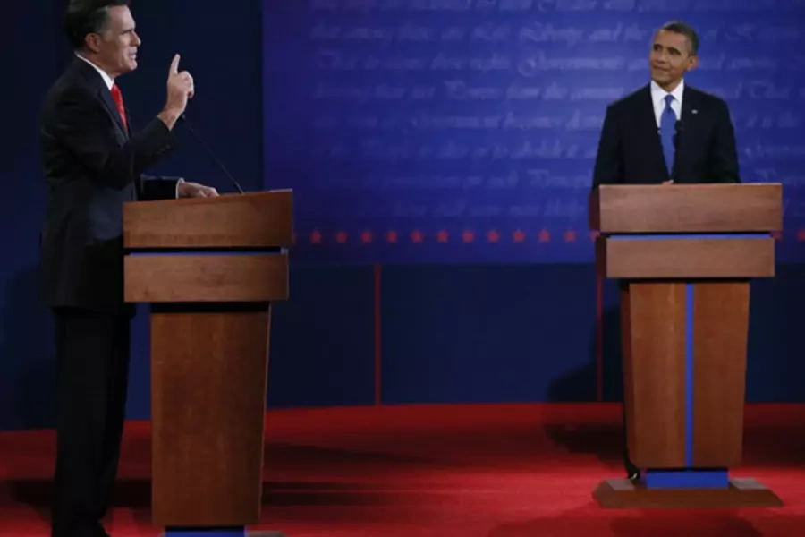 Romney and Obama debate in Denver on October 3, 2012. (Jim Bourg/ courtesy Reuters)