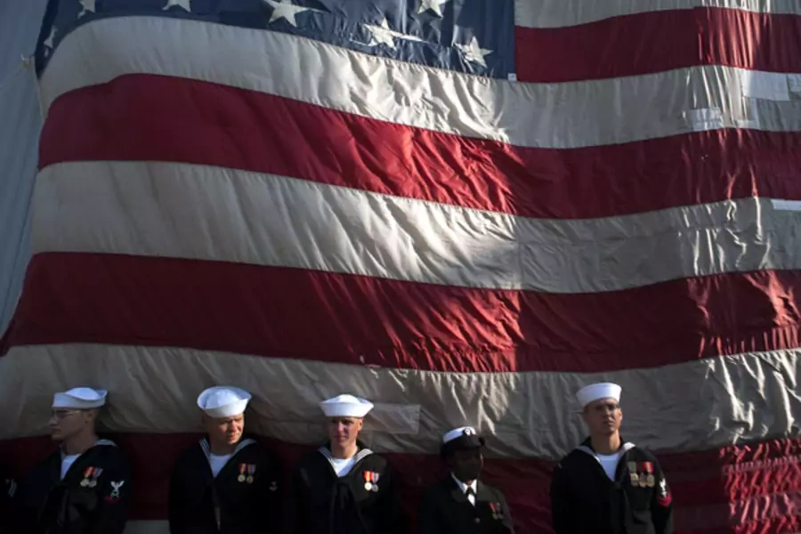 Sailors stand during a commissioning ceremony for the USS Michael Murphy in New York on October 6, 2012. (Keith Bedford/ courtesy Reuters)