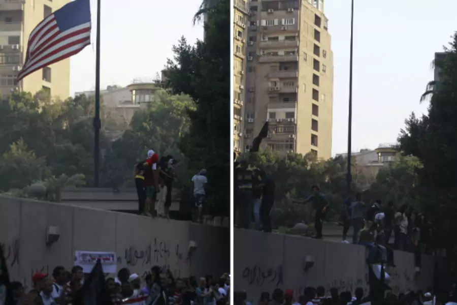 A combination picture shows protesters shouting slogans before (L) and after pulling down an American flag in front of the U.S...oduced in the United States that was insulting to the Prophet Mohammad, witnesses said. (Courtesy REUTERS/Amr Abdallah Dalsh).