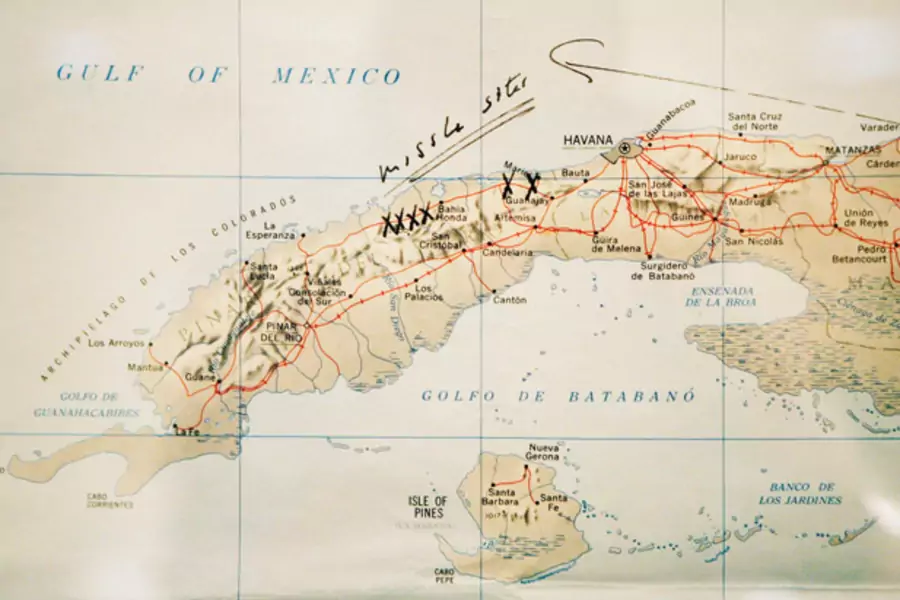 Map of Cuba annotated by President John F. Kennedy during his first CIA briefing on October 16, 1962. The map is displayed at the John F. Kennedy Library in Boston, Massachusetts. (Brian Snyder/ courtesy Reuters)