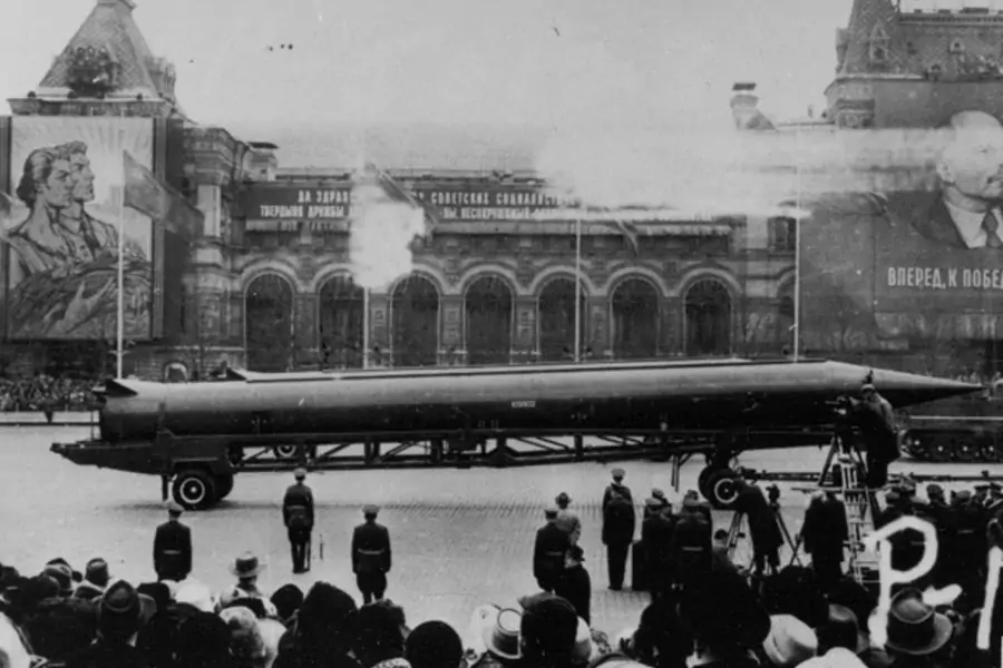A Soviet medium-range ballistic missile on parade in Moscow's Red Square. (Dino A. Brugioni Collection, The National Security Archive, Washington, DC)