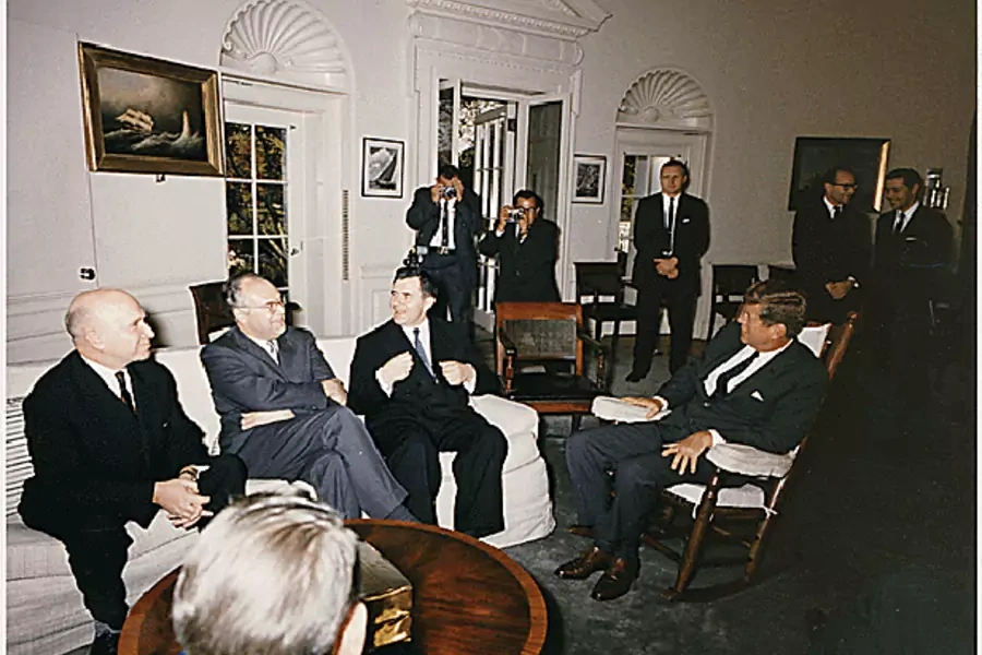 President John F. Kennedy and Soviet minister of foreign affairs Andrei Gromyko meet in the Oval Office on October 18, 1962. S...rt Knudson White House Photographs, National Archives, John F. Kennedy Presidential Library and Museum, Boston, Massachusetts)