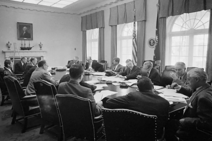 President John F. Kennedy meets with members of the Executive Committee of the National Security Council (ExCom) regarding the... Cuba on October 29, 1962. (Cecil Stoughton. White House Photographs. John F. Kennedy Presidential Library and Museum, Boston)