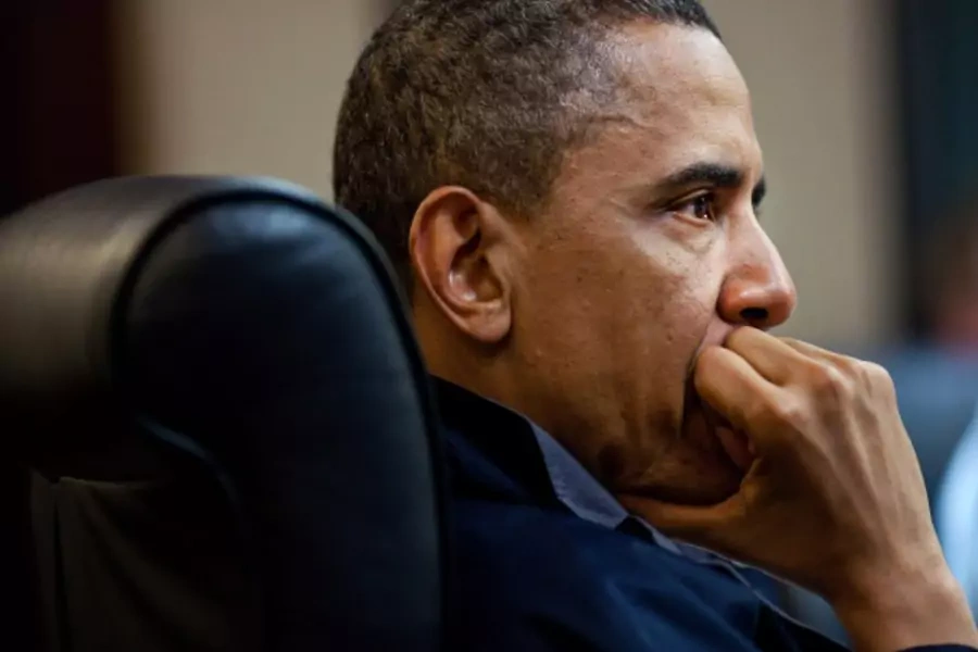 U.S. president Barack Obama in a meeting about the mission against Osama bin Laden in the Situation Room of the White House (Handout/Courtesy Reuters).