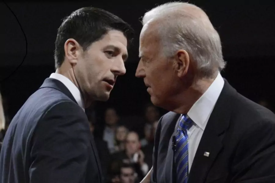 Paul Ryan and Joe Biden at the conclusion of the U.S. vice presidential debate on October 11, 2012, in Danville, Kentucky (Pool New/Courtesy Reuters).