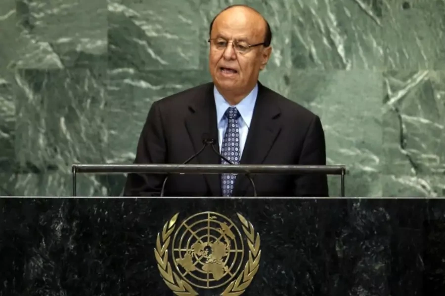 Abdrabuh Mansour Hadi Mansour, president of Yemen addresses the sixty-seventh UN General Assembly in New York (Mike Segar/Courtesy Reuters).