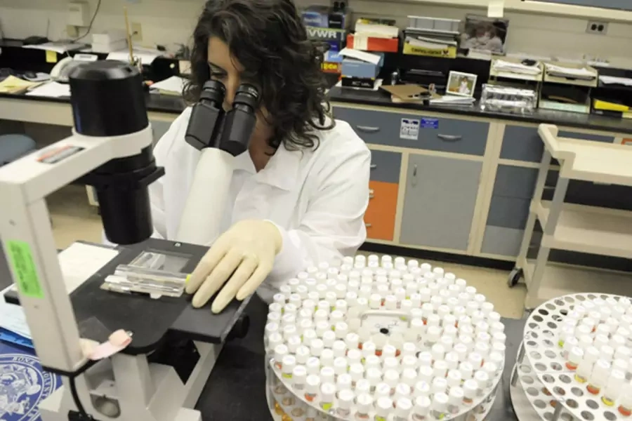 A scientist uses a microscope to check cultures for signs of the H1N1 swine flu virus and other respiratory diseases at the Maryland Department of Health and Mental Hygiene in Baltimore (Jonathan Ernst/Courtesy Reuters).