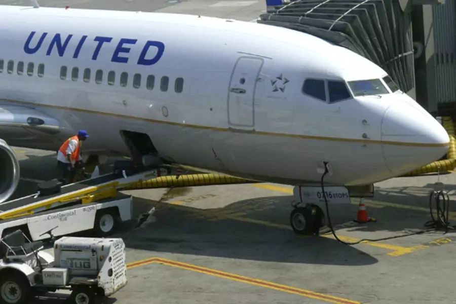 A United Airlines airplane at Newark Liberty International Airport (Gary Hershorn/Courtesy Reuters).