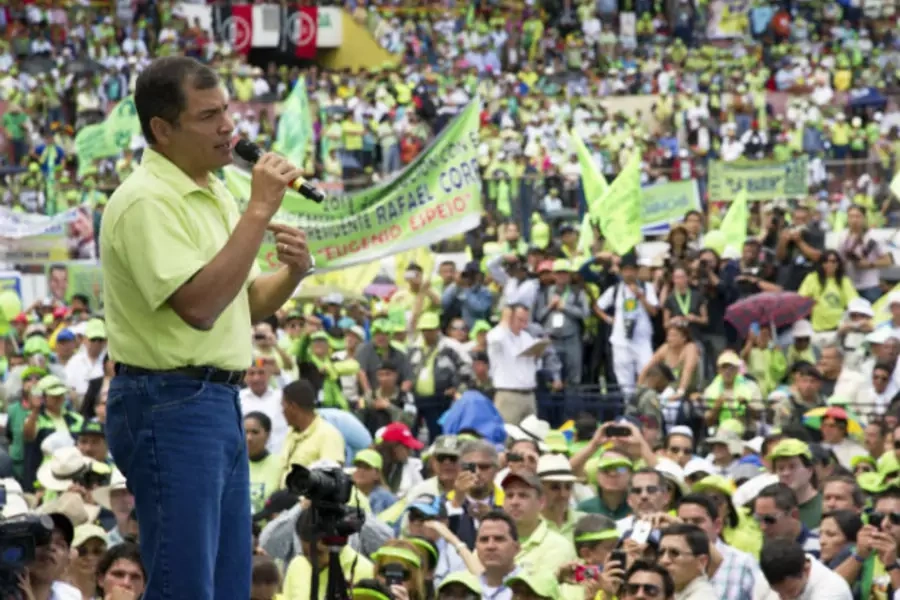 Ecuador's President Rafael Correa addresses supporters during a rally announcing his re-election bid for February of 2013, in Quito