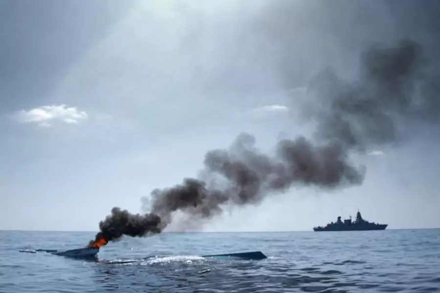 German forces patrol after destroying two boats off the coast of Somalia (Handout/Courtesy Reuters).