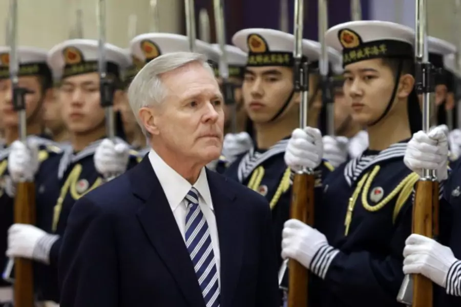 U.S. Secretary of Navy Ray Mabus inspects a guard of honour during a welcoming ceremony at the Chinese PLA Navy Headquarters in Beijing on November 27, 2012.