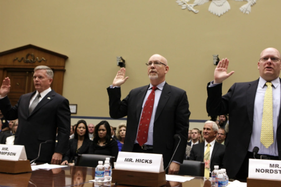 Witnesses Mark Thompson, acting deputy assistant secretary of state for counterterrorism, Gregory Hicks, foreign service offic...ight and Government Reform Committee hearing on the 2012 attacks in Benghazi, Libya, on May 8, 2013 (Gripas/Courtesy Reuters).