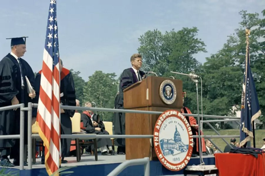 President John F. Kennedy delivers the commencement address at American University on June 10, 1963 (Cecil Stoughton. White House Photographs. John F. Kennedy Presidential Library and Museum, Boston).