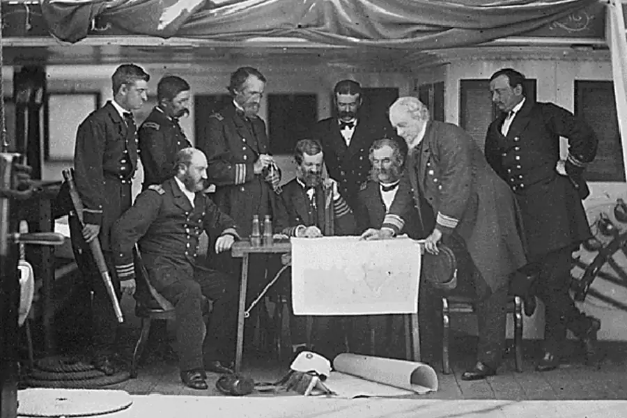Council of war on board the U.S.S. Colorado in Korea in June 1871 (Courtesy National Archives and Records Administration).