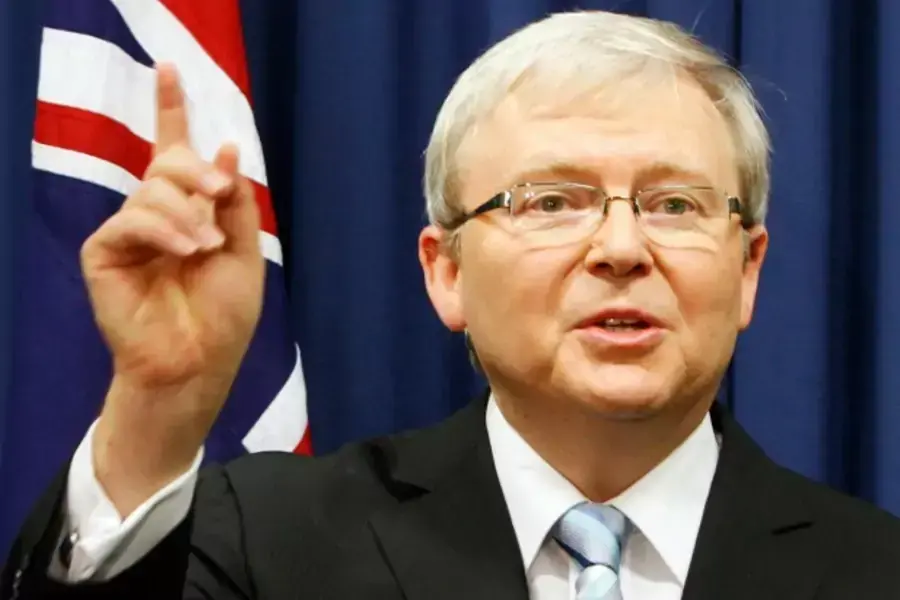 Australia's new Prime Minister, Kevin Rudd, gestures at a news conference at the Commonwealth Parliamentary Offices in Brisbane on February 24, 2012.