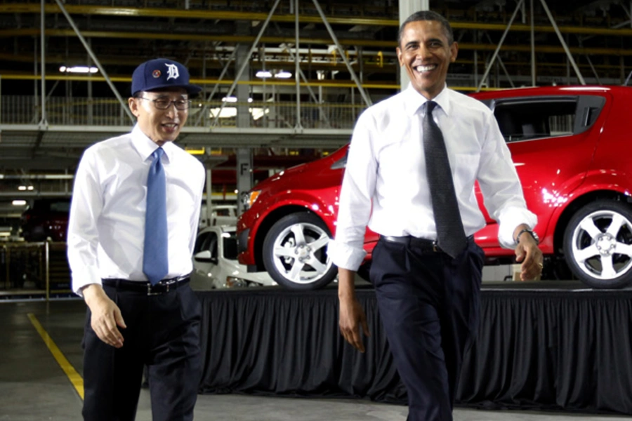 U.S. president Barack Obama and South Korean president Lee Myung-bak tour the General Motors Orion assembly plant in Detroit, ...Sonic sub-compact car, a joint venture with GM Korea—following congressional approval of the U.S.-Korea Free Trade Agreement
