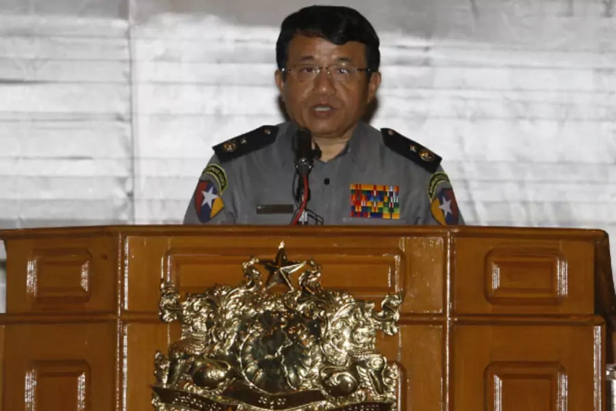 Myanmar's Police Chief Zaw Win speaks at a news conference about the recent bomb blasts around the country, at the Yangon Division government office in Yangon on October 18, 2013. (Soe Zeya Tun/Courtesy Reuters)