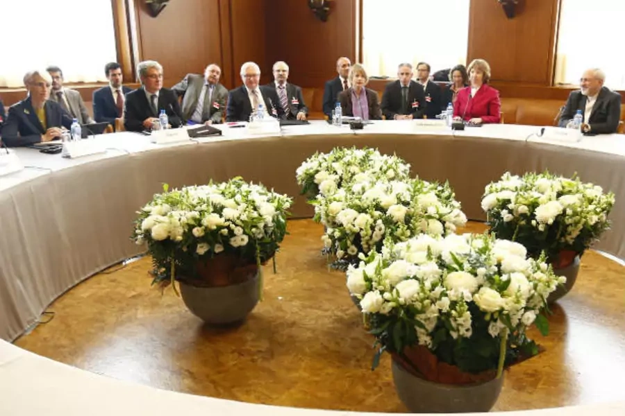 Iranian and international negotiators in Geneva November 7, 2013 (Balibouse/Courtesy Reuters).