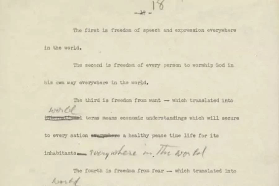 A page from the fifth draft of Franklin D. Roosevelt's 1941 annual message to Congress. (Franklin D. Roosevelt Papers as President, Master Speech File; Franklin D. Roosevelt Presidential Library and Museum)