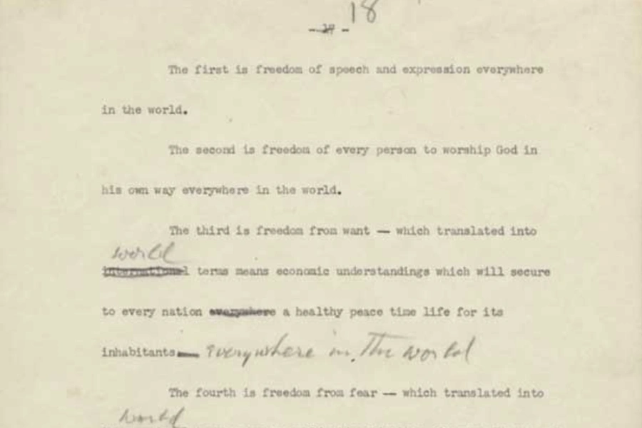 A page from the fifth draft of Franklin D. Roosevelt's 1941 annual message to Congress. (Franklin D. Roosevelt Papers as President, Master Speech File; Franklin D. Roosevelt Presidential Library and Museum)