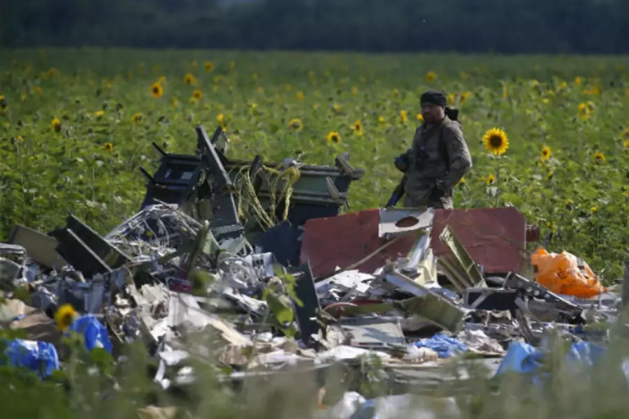 A pro-Russian separatist stands guard over wreckage of Malaysia Airlines Flight 17, shot down in eastern Ukraine on July 17, 2014.