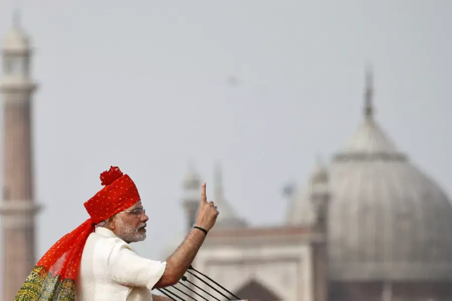Indian prime minister Narendra Modi addresses the nation from the historic Red Fort during Independence Day celebrations in Delhi on August 15, 2014 (Ahmad Masood/Courtesy: Reuters).