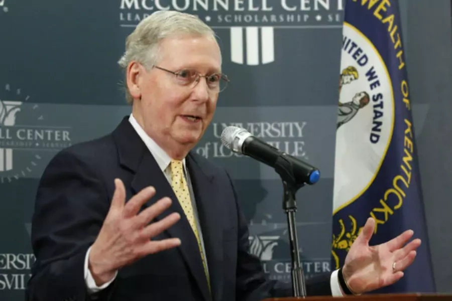 U.S. Senate Minority Leader Mitch McConnell holds a news conference on the day after he was re-elected to the U.S. Senate at the University of Louisville in Louisville, Kentucky, on November 5, 2014.