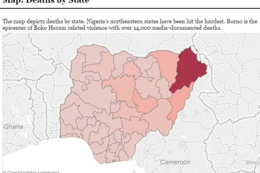 The map above depicts deaths in Nigeria by state. (Source: CFR Nigeria Security Tracker; powered by Tableau)