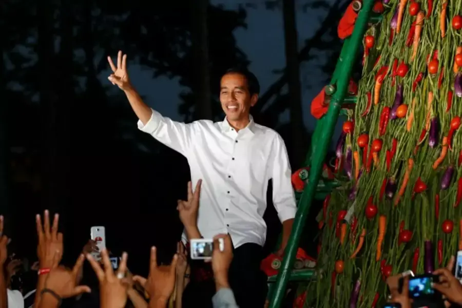 Indonesia's presidential candidate Joko "Jokowi" Widodo gestures to supporters a day after he was named winner in the presidential election in Taman Proklamasi, Jakarta July 23, 2014. REUTERS/Darren Whiteside (INDONESIA - Tags: ELECTIONS POLITICS)
