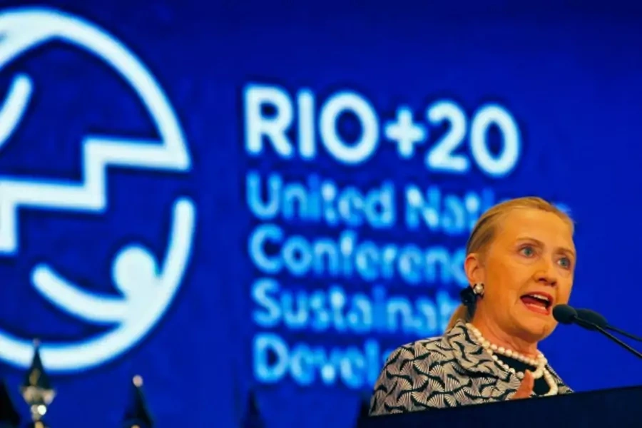 Former U.S. Secretary of State Hillary Clinton speaks at the plenary of the Rio+20 United Nations Conference on Sustainable Development summit in Rio de Janeiro June 22, 2012 (Reuters/Paulo Whitaker).