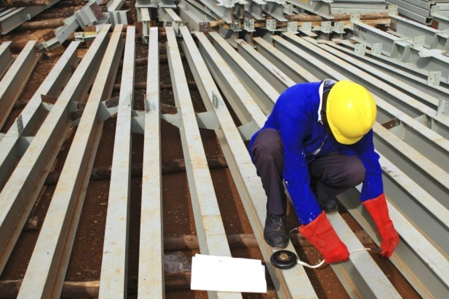 A construction worker takes measurements of roofing metal bars of a new hospital under construction in Hoima town, Uganda April 27, 2015 (Courtesy Reuters/James Akena).