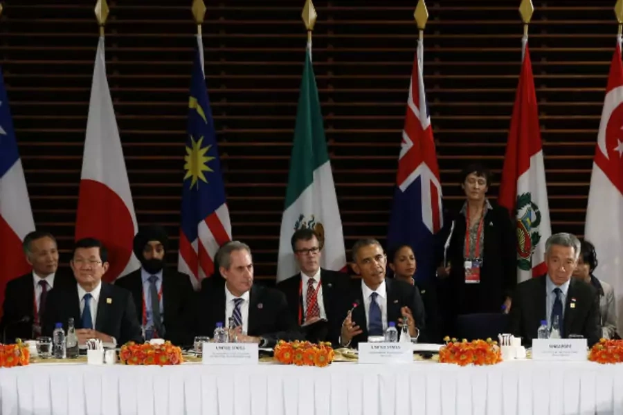 U.S. President Barack Obama meets with the leaders of the Trans-Pacific Partnership (TPP) countries in Beijing, China, on November 10, 2014.