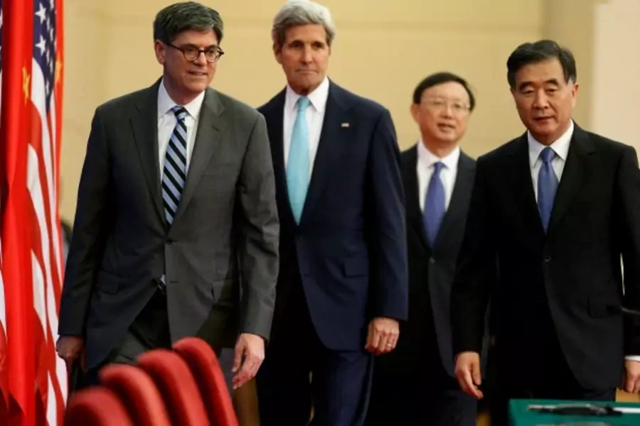 U.S. Treasury Secretary Jack Lew (L-R), Secretary of State John Kerry, China's State Councillor Yang Jiechi and Vice Premier W...ders were concluding the sixth round of U.S.-China Strategic and Economic Dialogue. REUTERS/Jim Bourg (CHINA - Tags: POLITICS)