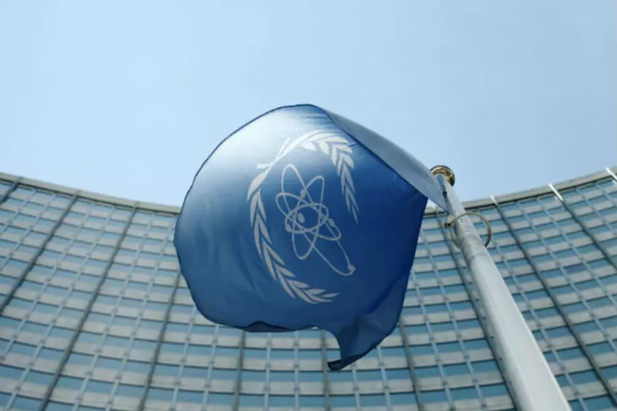 The flag of the International Atomic Energy Agency (IAEA) flies in front of its headquarters in Vienna, Austria, on May 28, 2015.