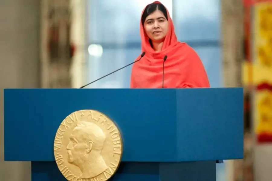 Nobel Peace Prize laureate Malala Yousafzai delivers a speech during the Nobel Peace Prize awards ceremony at the City Hall in Oslo, Norway, on December 10, 2014 (Cornelius Poppe/Reuters/NTB Scanpix/Pool).
