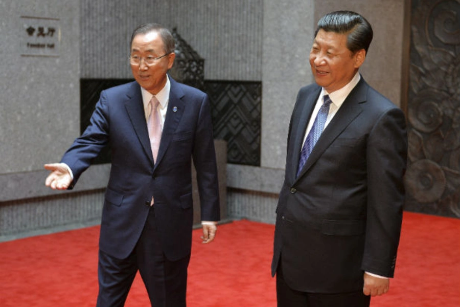 United Nations Secretary-General Ban Ki-moon meets Chinese President Xi Jinping at the fourth summit of the Conference on Interaction and Confidence Building Measures in Asia (CICA) in Shanghai, China, on May 19, 2014.