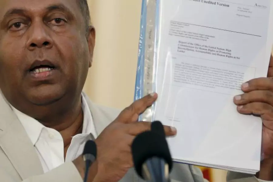 Sri Lanka's Foreign Minister Mangala Samaraweera speaks during a news conference on a United Nations (U.N.) report about war crimes committed during Sri Lanka's 26-year civil conflict, in Colombo (Dinuka Liyanawatte/Reuters)