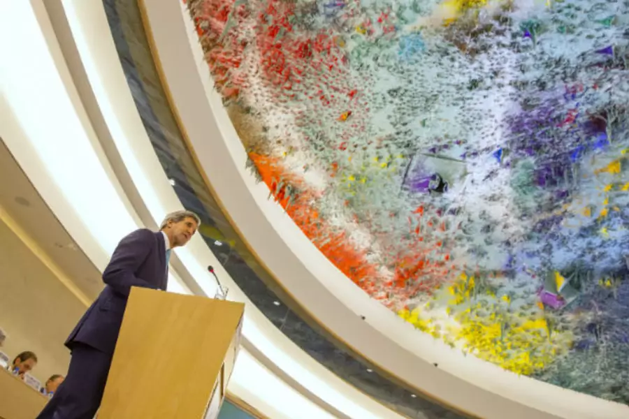 U.S. Secretary of State John Kerry delivers remarks to the United Nations Human Rights Council in Geneva, Switzerland, on March 2, 2015.