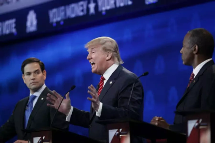 Presidential candidates Donald Trump, Marco Rubio, and Ben Carson at the Republican presidential debate on October 28, 2015. (REUTERS/Rick Wilking)