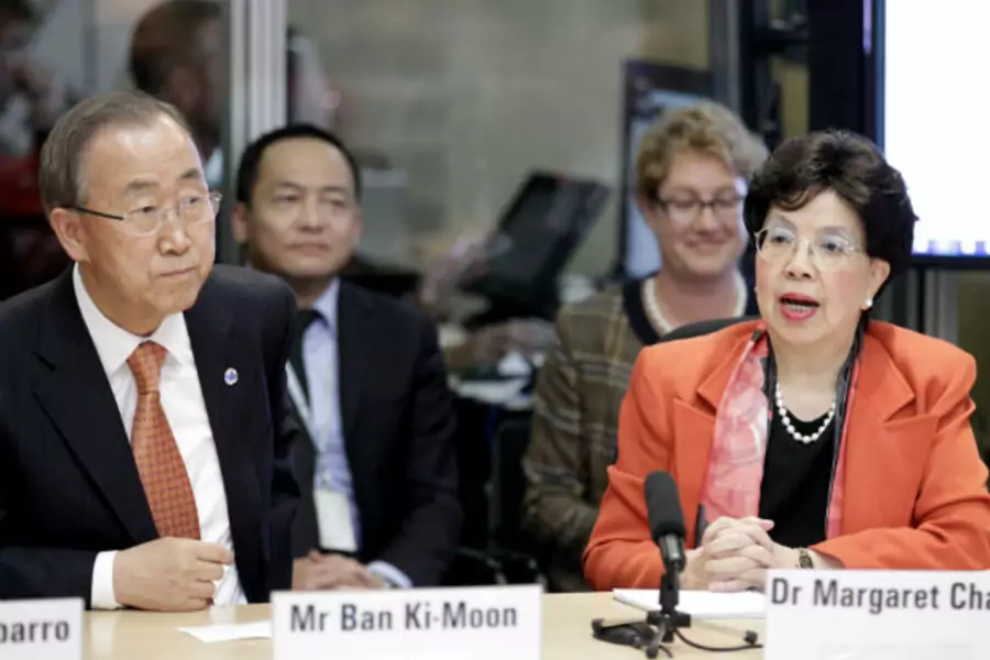 UN Secretary-General Ban Ki-moon and WHO Director-General Margaret Chan attend a meeting at the WHO headquarters in Geneva, Switzerland, during the height of the Ebola crisis on October 1, 2014.
