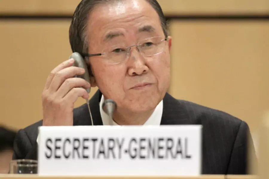 United Nations Secretary-General Ban Ki-moon addresses the sixty-fifth session of the UNHCR's Executive Committee meeting in Geneva, Switzerland, on October 1, 2014.