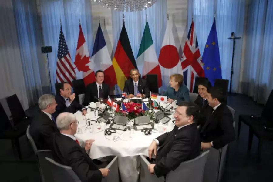 The leaders of the Council of the European Union, Canada, France, the United Kingdom, the United States, Germany, Japan, China, and the EU Commission meet on the sidelines of the Nuclear Security Summit in The Hague on March 24, 2014.