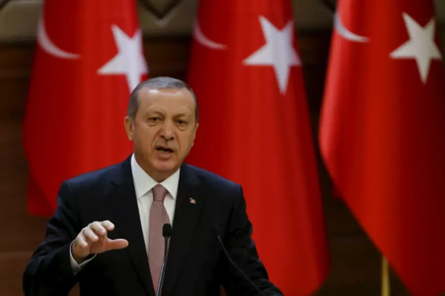Turkish President Tayyip Erdogan makes a speech during his meeting with mukhtars at the Presidential Palace in Ankara, Turkey, November 26, 2015 (Umit Bektas/Reuters).