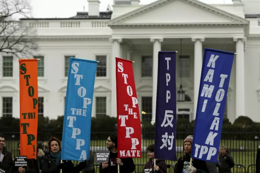 Opponents of the Trans Pacific Partnership (TPP) trade agreement protest outside of the White House in Washington February 3, 2016.