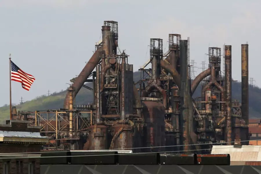 A flag flies in front of the blast furnaces at the now-closed Bethlehem Steel mill in Bethlehem, Pennsylvania.