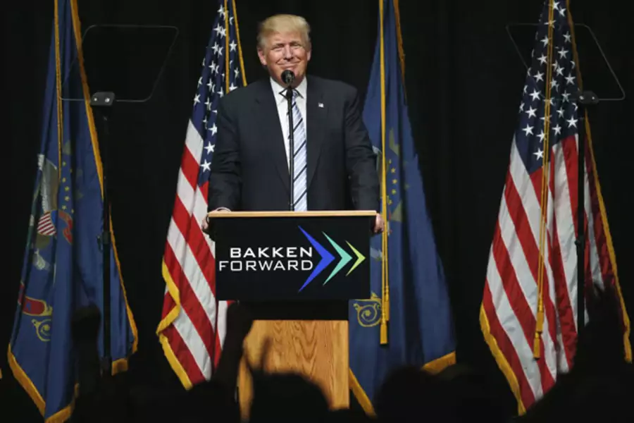 Donald Trump addresses supporters in Bismarck, North Dakota.