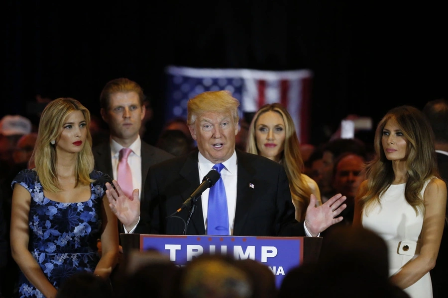Donald Trump speaks during a campaign victory party
