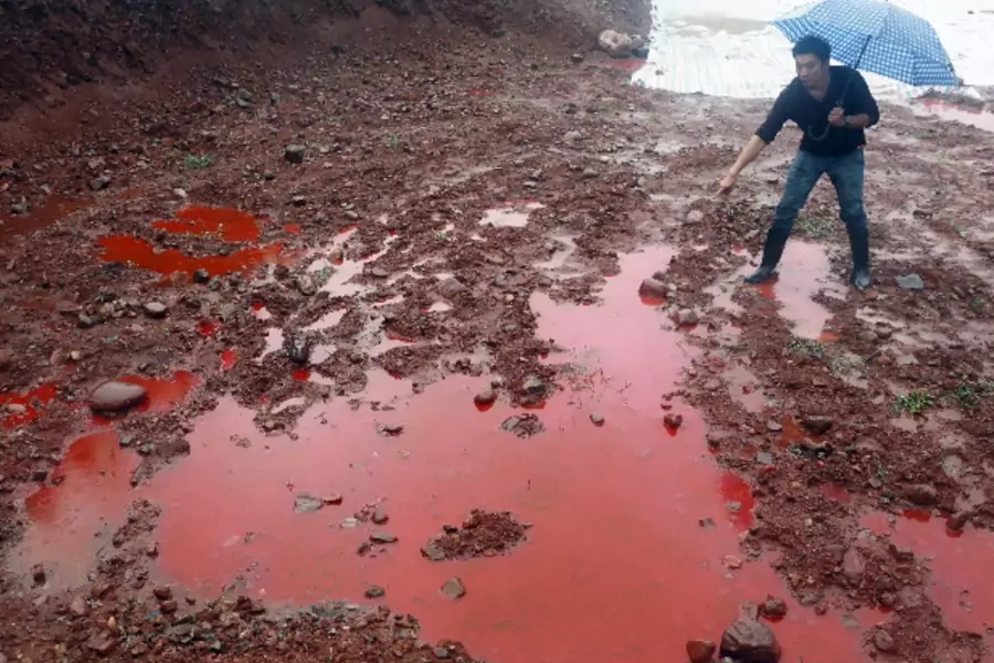 A man points to water and soil which turned red after being contaminated by industrial waste from a closed dye factory, amid h...r an explosion which caused dye leakage and polluted the underground water. Picture taken September 15, 2014. REUTERS/Stringer